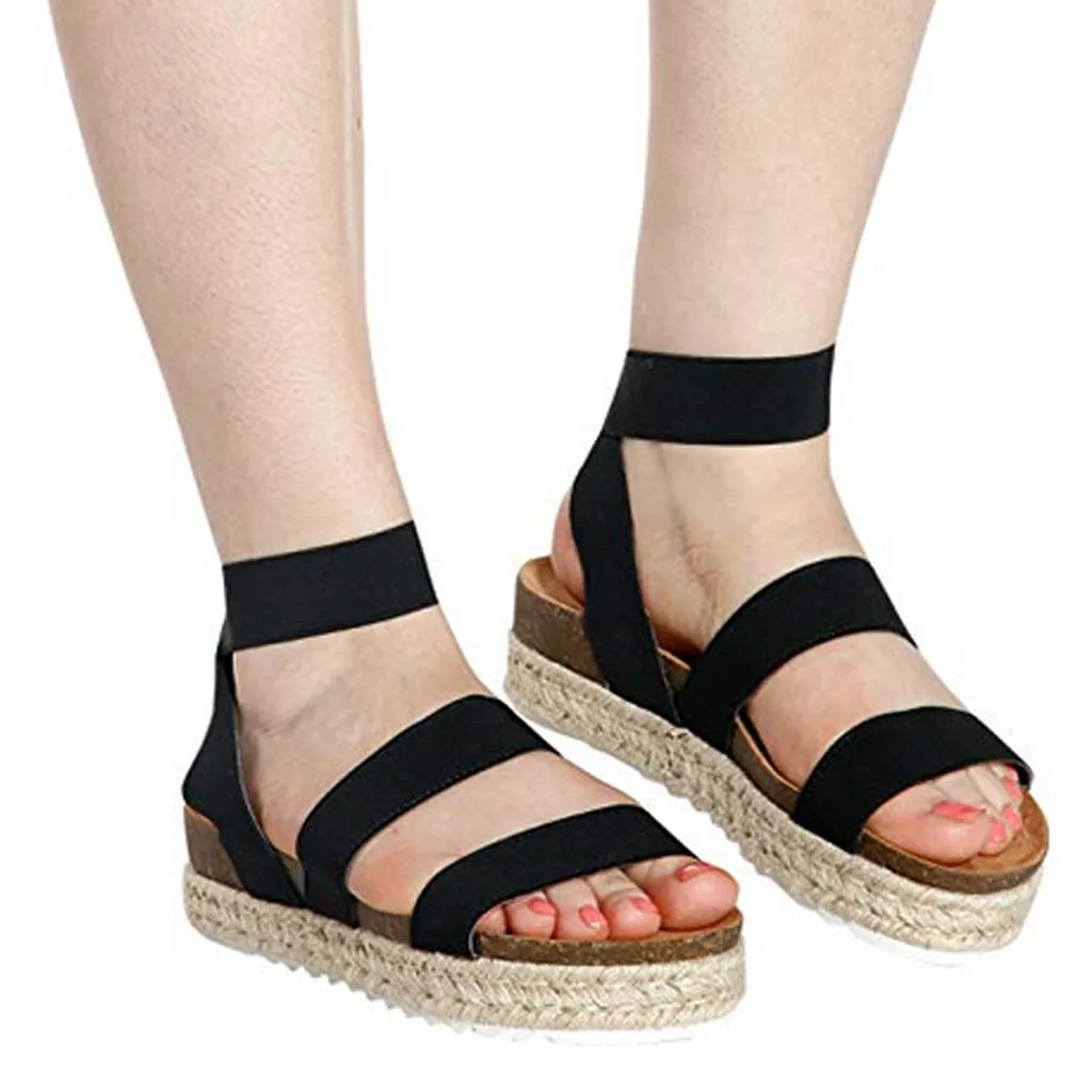 

Womens Fashion Flats Open Toe Ankle Elastic Band Straps Flatform Roman Sandals Stretch Fabric Retro style rome sandals