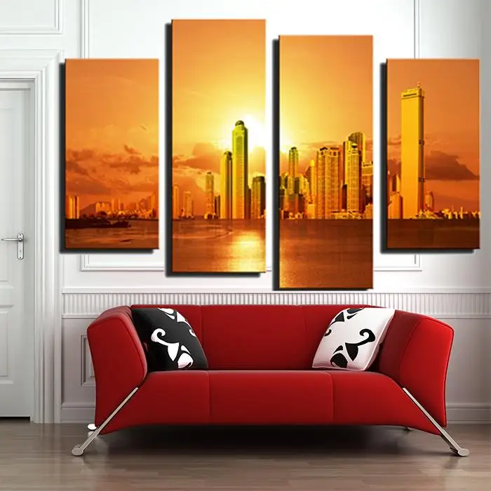 4 panel Beautiful City With Sunset Large Picture Modern Home Wall Decor