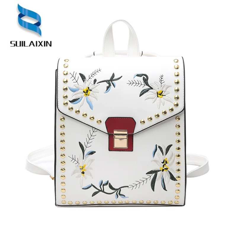 Women Leather Embroidery Backpack Solid Vintage School Bag for Teenager Girl Flowers Rivets Printing Embossing Backpack