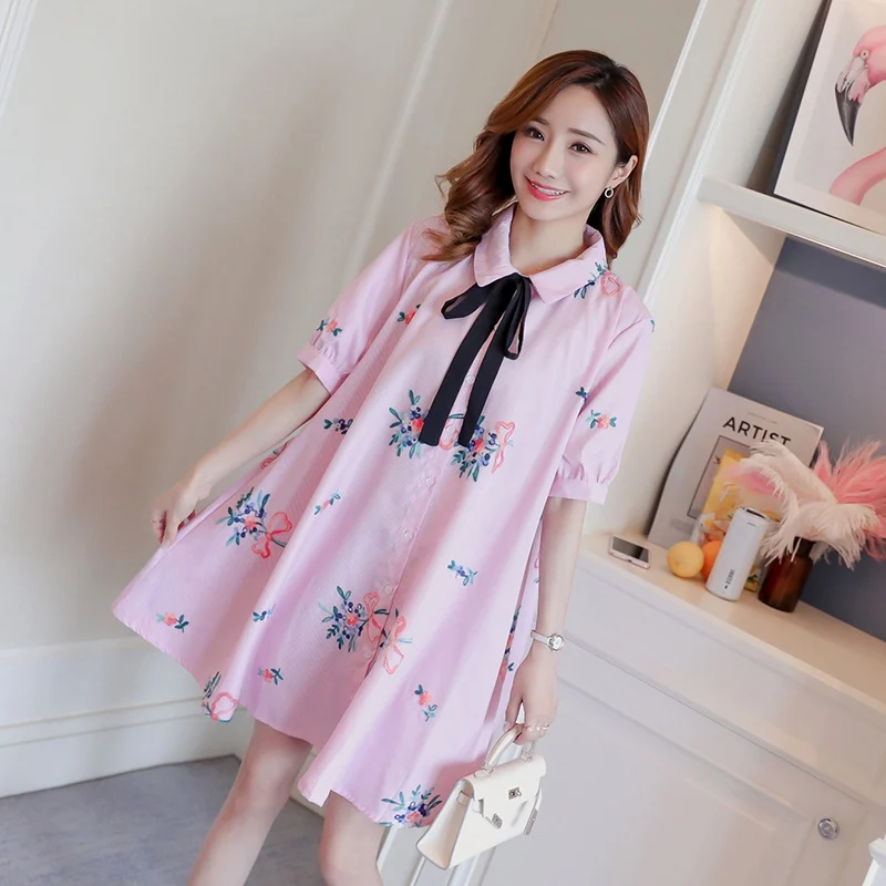 

New embroidery stripes loose large size pregnant women long shirt A posing pregnant women dress Korean fashion pregnancy skirt