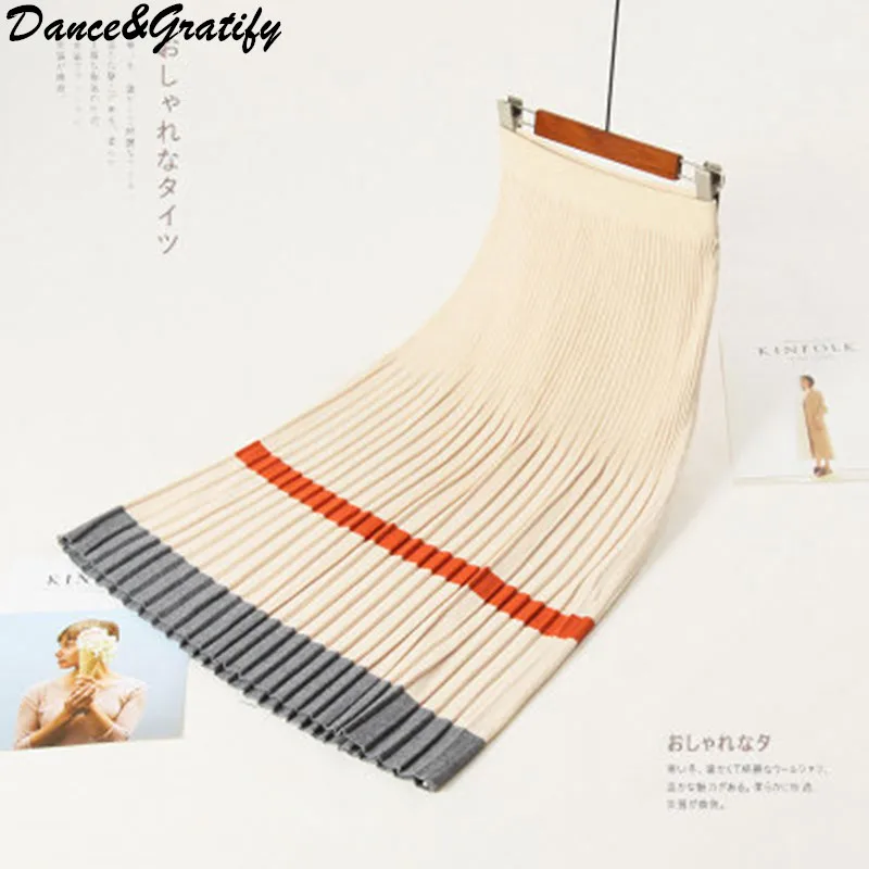 

2019 Women Knitted Pleated Skirt Autumn Winter Color Patch High Waist Women Long Skirt Female Ladies Maxi Midi Skirt Saia
