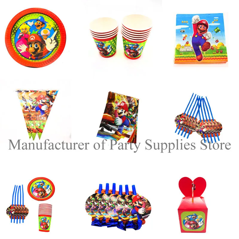 

Super Mario theme disposable plates cups napkins Mario Bros themed party decorations candy boxes blowouts banners