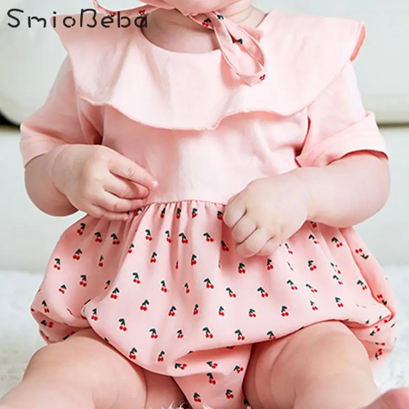 

Children Summer Girl Rompers with Hat Kids Lovely Lotus Leaf Collar Cherry Flower Patterned Jumpsuit Clothes Ribbon Baby Rompers