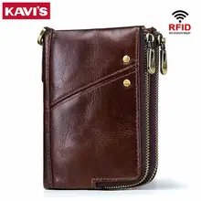 Kavis rfid 100% 진짜 미친 말 가죽 지갑 남자 작은 walet portomonee 남성 cuzdan 짧은 동전 지갑 포트폴리오 카드 홀더(China)
