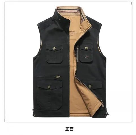 afs jeep military stand collar multi pocket Waistcoat cotton double sided vest field working tolling sleeveless outwear - Цвет: Dark Blue