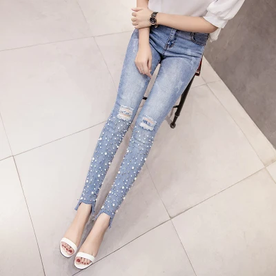 Рваные джинсы с жемчугом и бисером; повседневные обтягивающие джинсы; уличная мода; узкие брюки-карандаш с кисточками