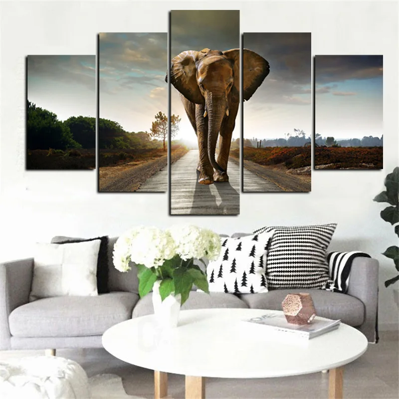 5Panel Print Africa Elephant Abstract Landscape Oil Painting on Canvas Art Animal Poster Modular Wall Picture for Living Room