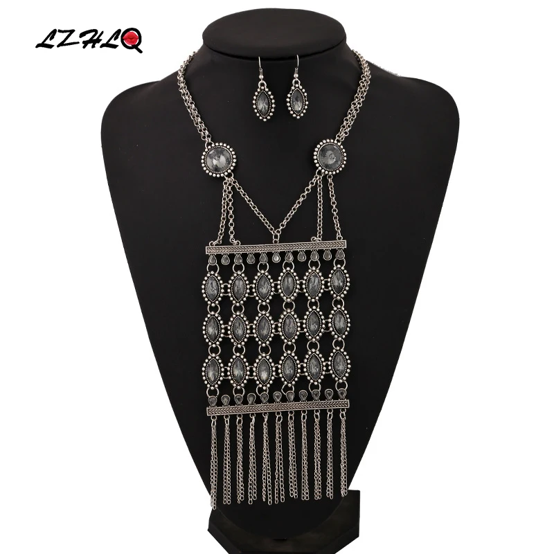 

Bohemian Multilayer Drop Necklaces Set Geometric Metal Mosaic Tassel Chains Necklace Vintage Women Temperament Jewelry Statement