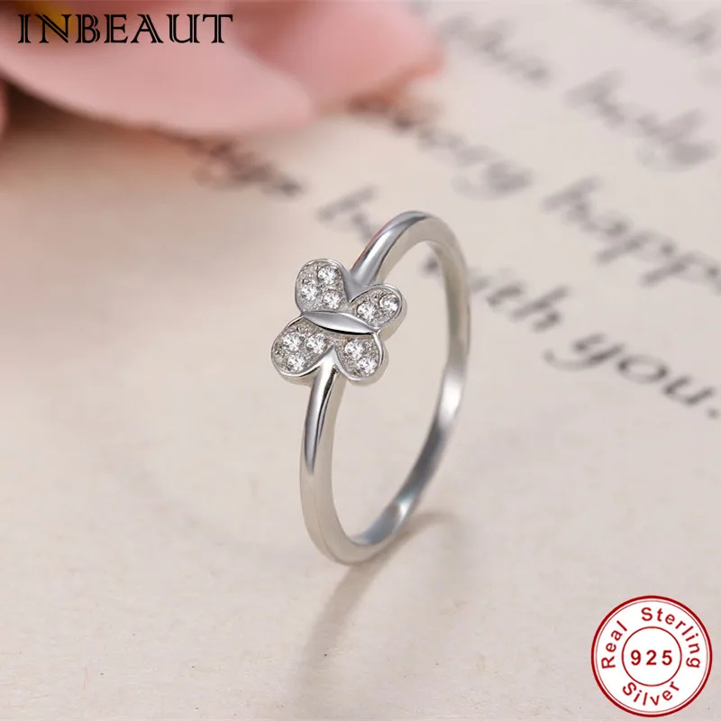 

INBEAUT Women Fashion 100% Genuine 925 Sterling Silver Princess White Round Zircon Stone Paved Cute Butterfly CZ Wedding Ring