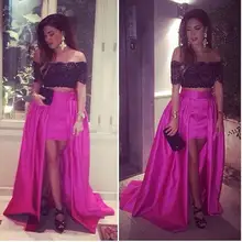 Schulterfrei Spitze Satin Kurzarm Party Abendkleid 2016 Neue Design Schwarz und Pink Zwei Stücke Prom Kleider
