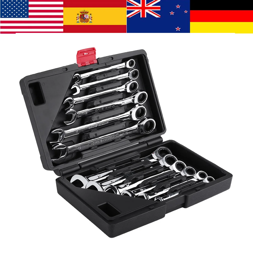 

12pcs/Box Ratcheting Wrench Spanners Chrome Vanadium 8-19mm Ratchet Spanner Hand Repair Tools Kit Combination Car Wrench Set