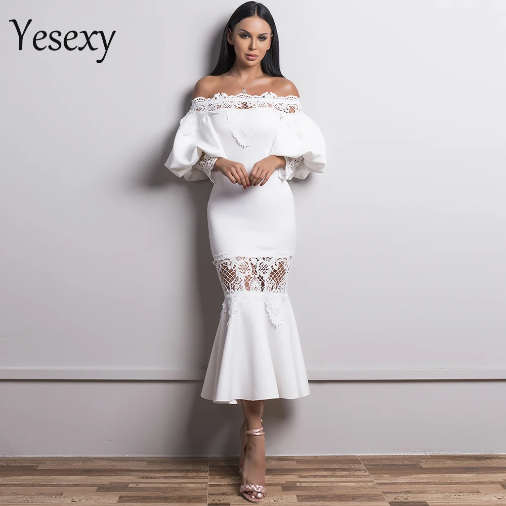 Yesexy, женское сексуальное платье с открытыми плечами и рукавами-фонариками, женское кружевное платье, повседневное элегантное платье русалки VR18430
