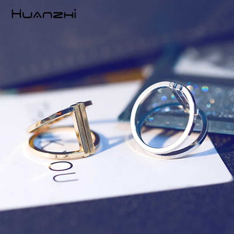

HUANZHI 2019 Office Design Fashion Punk Minimalist Geometric Gold Silver Color Metal Finger Rings For Women Girls Party Jewelry