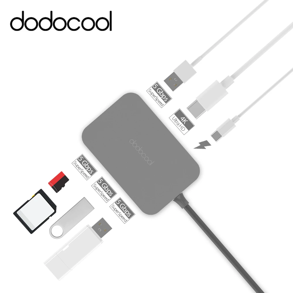 

dodocool 7-in-1 USB 3.0 HUB Type-C 4K Video HD Output SD/TF Card Reader usb-c hub for Apple MacBook Air Pro Laptop Tablet PC Mac