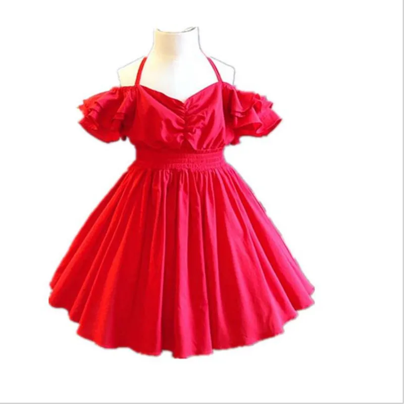 

DFXD 2018 Hot Sell Toddler Girls Clothing Summer Korean Style Baby Red Sleeveless Ruffle Shoulderless Princess Dress 2-7Years