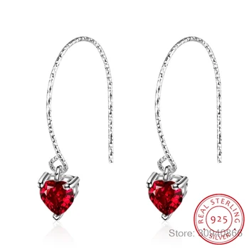 

New Fashion 925 Sterling Silver Earrings For Women Red CZ Heart Long Tassel Earrings sterling-silver-jewelry S-E481