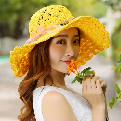 HT1683, корейский стиль, летние шляпы для женщин, цветочная гирлянда с широкими полями, Пляжная шапка, шляпа, упаковываемая крючком, широкополая шляпа от солнца, женская соломенная шляпа - Цвет: Цвет: желтый