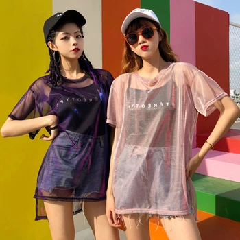 

2018 2 Piece !! Ulzzang Korean Harajuku Mesh Top Women Mesh Tshirt + Black Camis Chic T shirts Glitter Dropshipping