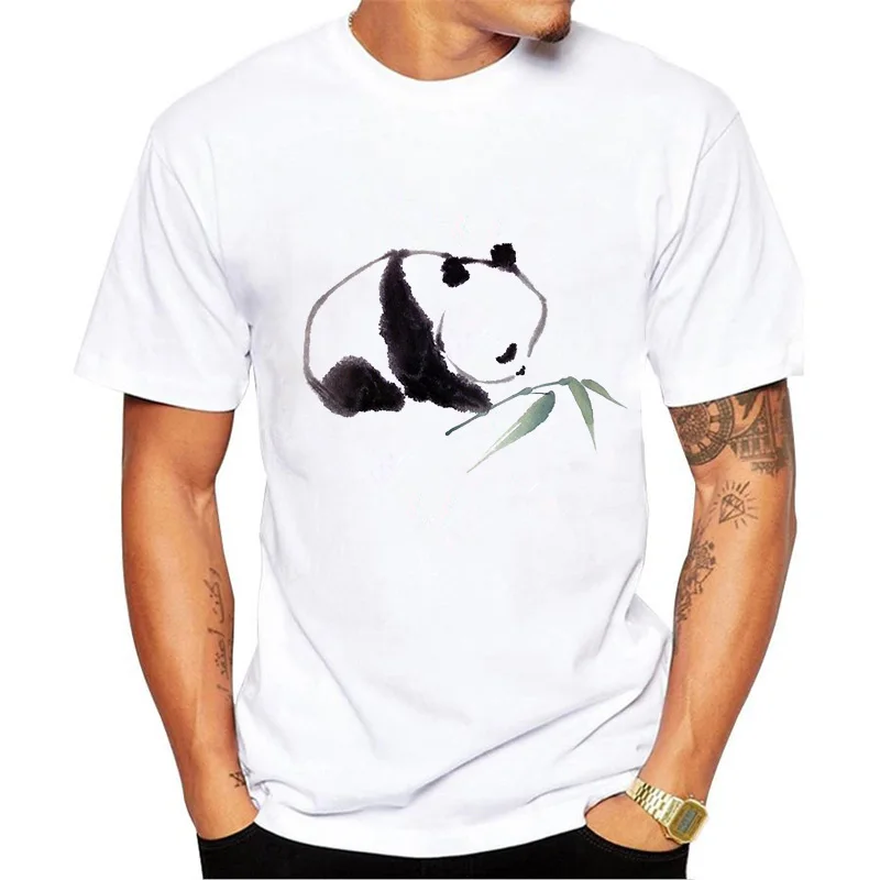 Panda Любовь бамбука футболку Для мужчин новый летний ручная роспись