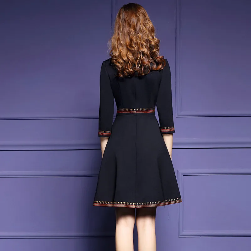 2020 Spring Autumn Dress Women O-neck 3/4 Sleeve Embroidery Elegant Dress Vintage Medium OL Work A-line Party Dress okb622