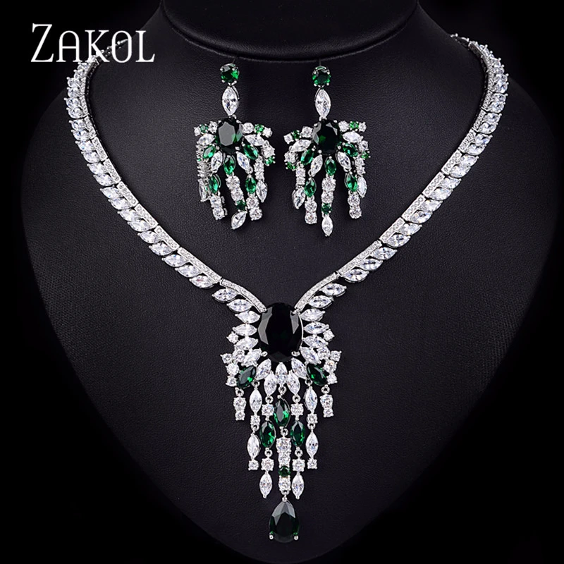 

ZAKOL Luxury Bridal Wedding Jewelry Sets Vintage AAA Big Cubic Zircon Flower Necklace Earrings Set For Women Dress FSSP141