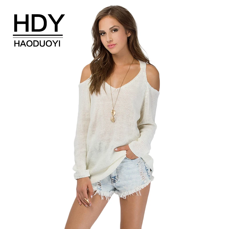 Женский свитер HDY Haoduoyi Однотонный с длинным рукавом и глубоким вырезом на плечах