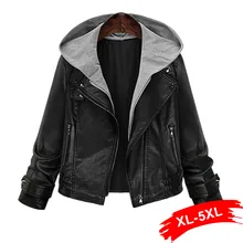 Куртка из искусственной кожи с капюшоном размера плюс, короткая черная мотоциклетная куртка с капюшоном, 4Xl 5Xl, Классическая Базовая зимняя куртка, женская верхняя одежда