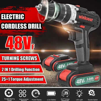 

48V Cordless Electric Screwdriver Impact Drill 25+1 Torque Adjustment Rechargeable LI-ION Batteryx2 Electric Drill 2-Speed Tools