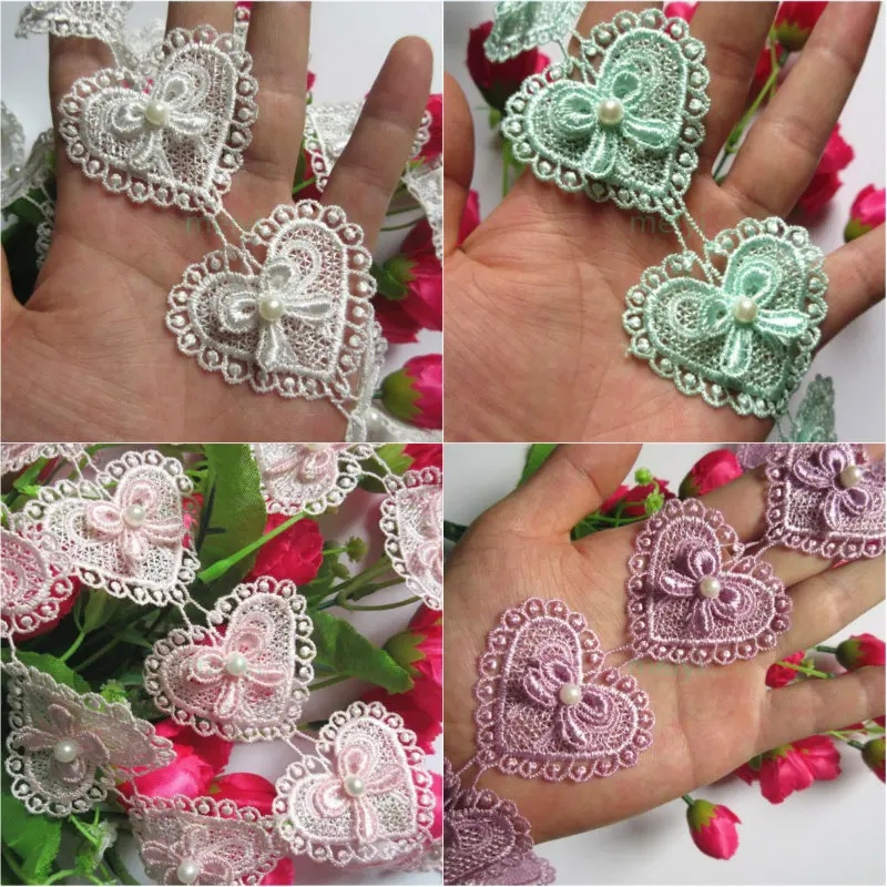 

20X Soluble Heart Bowknot Pearl Embroidered Lace Trim Ribbon Fabric Sewing Craft Patchwork Handmade DIY For Costume Decoration