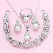 White Freshwater 925 Silver Bridal Jewelry Sets for Women Earrings Bracelet Necklace Pendant Ring Birthday Gift Box