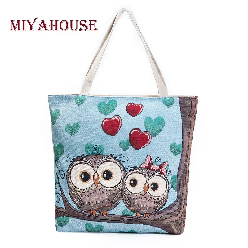 

Miyahouse Cartoon Owl Printed Shoulder Bag Women Large Capacity Female Shopping Bag Canvas Handbag Summer Beach Bag Ladies