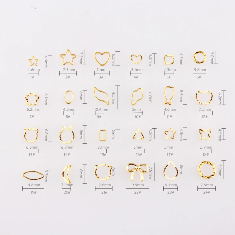 

50Pcs/lot New Fashion Shiny Nail Art Gold Hollow Metal Decoration 24 Different Designs For DIY Nail Art Decoration