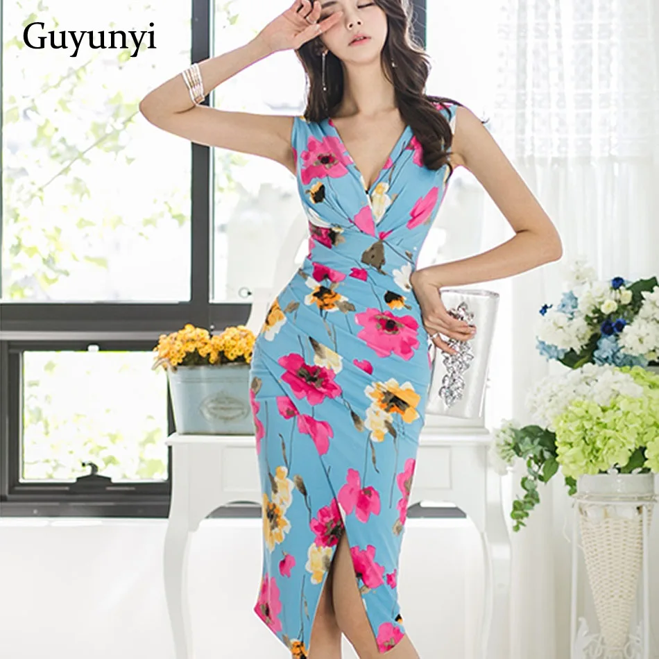 

Small Sexy V-Neck Floral Sheath Dress 2019 Summer Sleeveless High Waist Simple Comfortable Elegant Office Dress Women