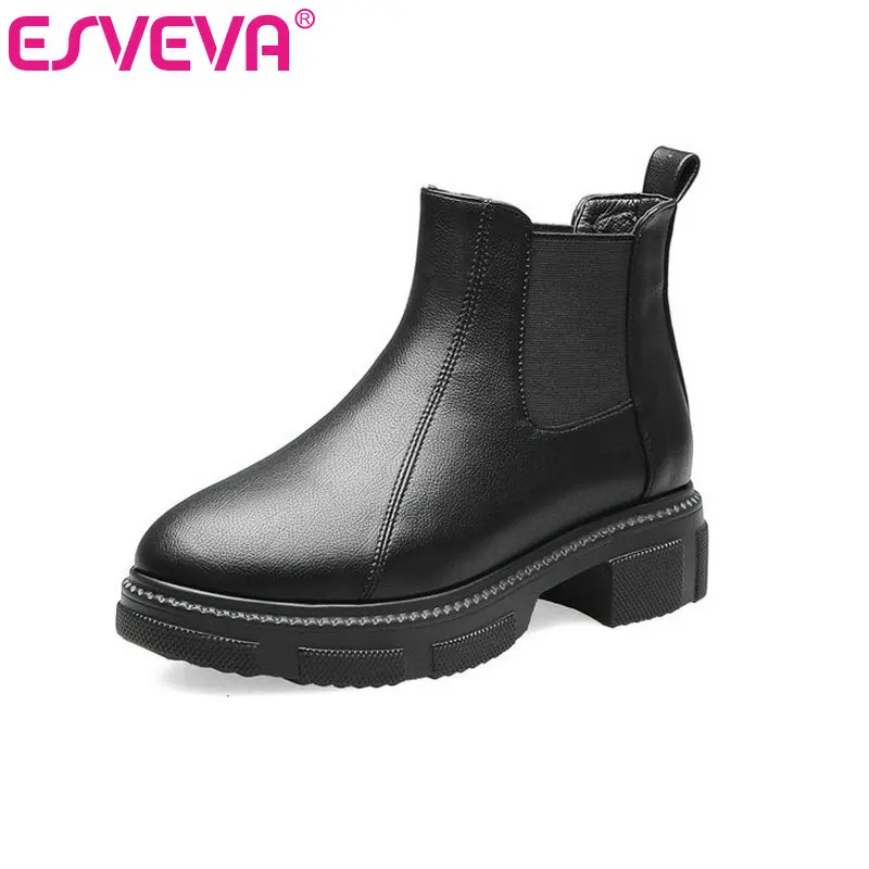

ESVEVA 2020 Women Shoes Winter Ankle Boots Black Western Style Square Med Heel Leather+PU Motorcycle Platform Boots Size 34-39