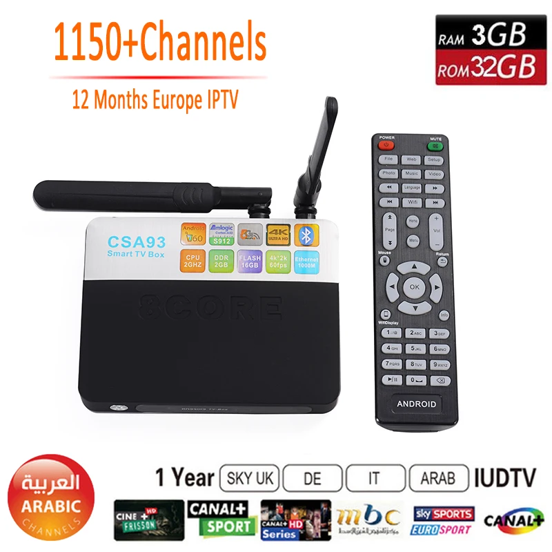 3GB RAM 32GB ROM CSA93 Android 6.0 Tv Box 1 Year IPTV Europe Amlogic S912 Octa core 4K WiFi BT 4.0 2GB/16GB Smart Set Top Box