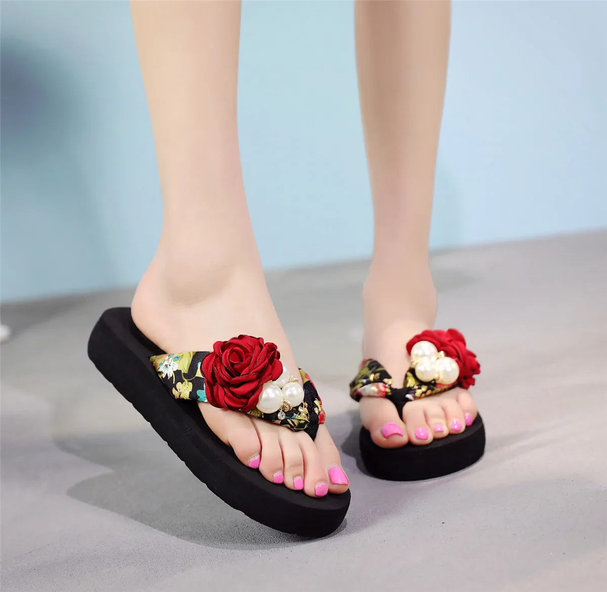 

CALOFE Bohemia Floral Beach Sandal Wedge Platform Thongs Slippers Flip Flops Suummer Shose With Pearl RoseFor Women Girls