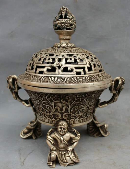 

S3311 10" Tibet Silver Dragon Head Statue Brass Japan Buddha Up Incense Burner Censer D0318