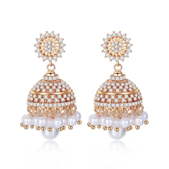 

Luxury Indian Jewelry CZ Stone and Pearl Small Jhumkas Earring Womens Wedding Engagement Bridal Earrings Gold Bell Shape Earring