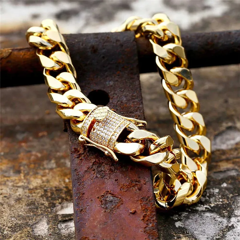 OMYFUN Gold Filled CZ Iced Out Cuban Bracelet Hip Hop Men Jewelry Copper Cuban Link Chain