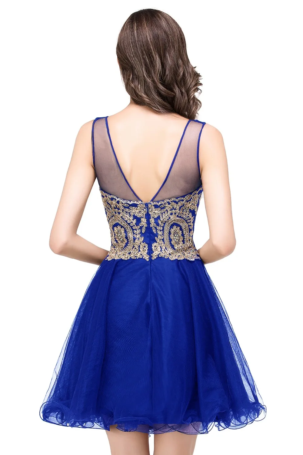 В, трапециевидные тюлевые королевские синие Бальные платья, короткие мини Коктейльные Вечерние платья для выпускного вечера, Золотое кружевное платье с аппликацией