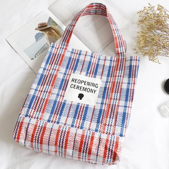 

Tartan PE Woven Top-handle Bag Women Casual Summer Daily Shopper Bag 2020 Female Reusable Scottish Plaid Open Shopping Handbag