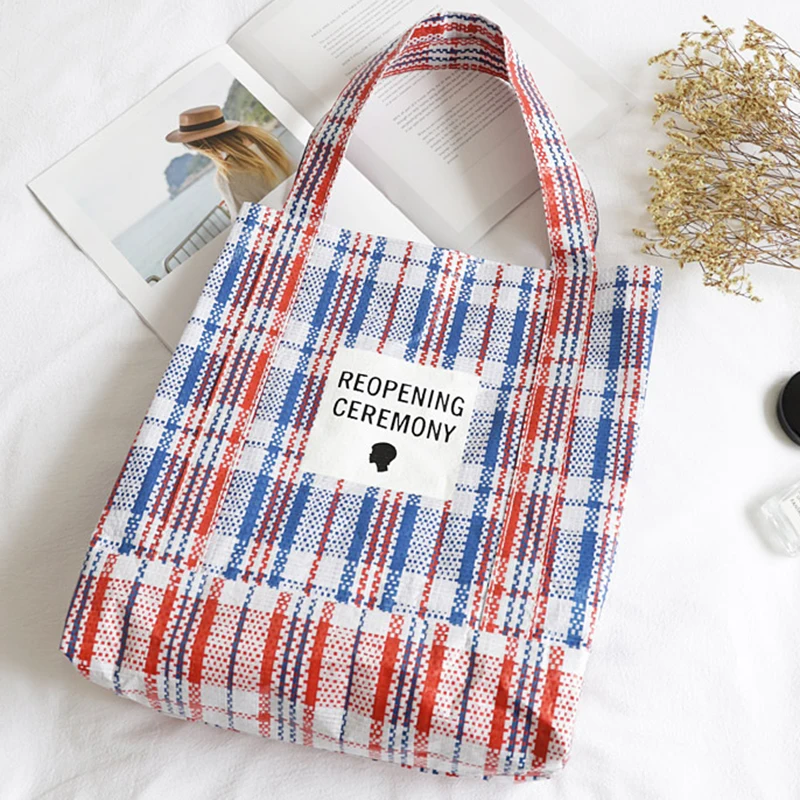 

Tartan PE Woven Top-handle Bag Women Casual Summer Daily Shopper Bag Female Reusable Scottish Plaid Open Shopping Handbag