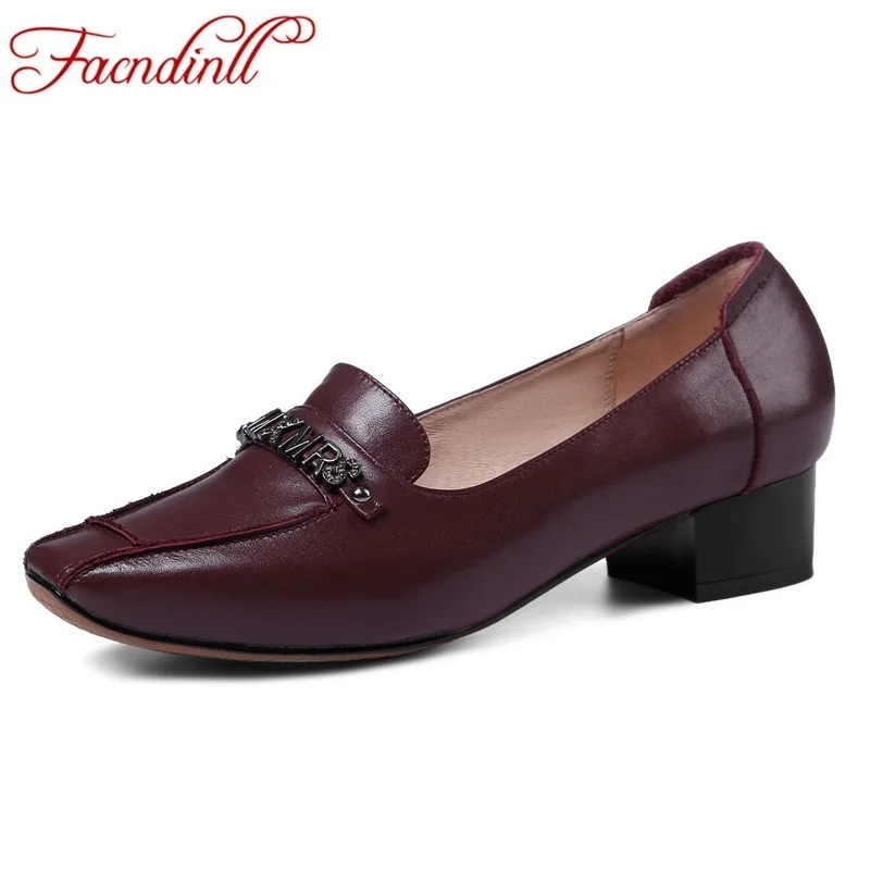 

FACNDINLL women pumps new spring summer fashion med heel shoes genuine leather slip-on woman dress office ladies pumps black