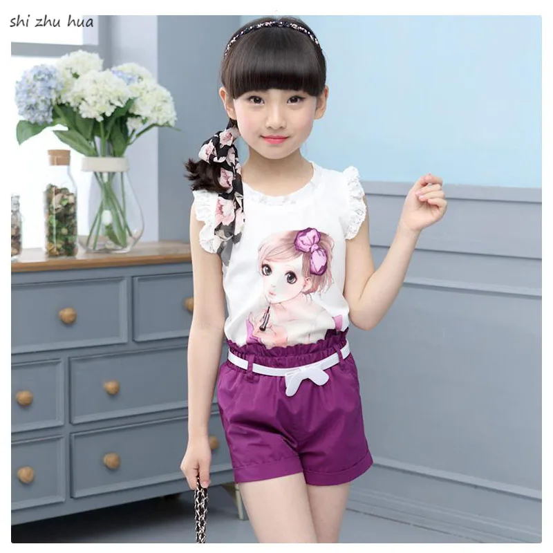 

High Quality Children Clothing 2018 Summer New Girls sleeveless Set Casual Sportswear Cartoon print avatar design Top Coat+Short