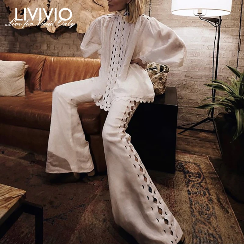 

[LIVIVIO] Casual Solid Hollow Out Women Set Turtleneck Puff Sleeve Tops Slim Wide Leg Pants Two Piece Set Elegant Spring 2019