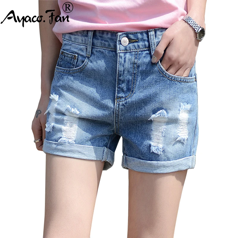 

2018 Summer Women`s Loose Shorts Washed Light Blue Cuffs Denim Wide Leg Short Pants Boyfriend Jean Femme For Hot Women Jeans