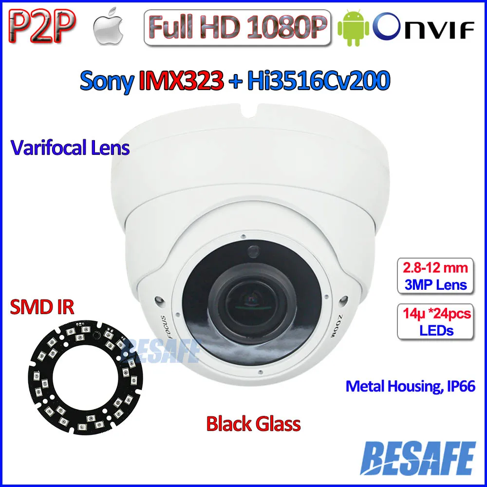 

2.0MP CCTV dome camera 1080P ip camera p2p SONY IMX323 ONVIF Megapixels surveillance, Varifocal Lens, 36pcs LED, IR-CUT, H.264