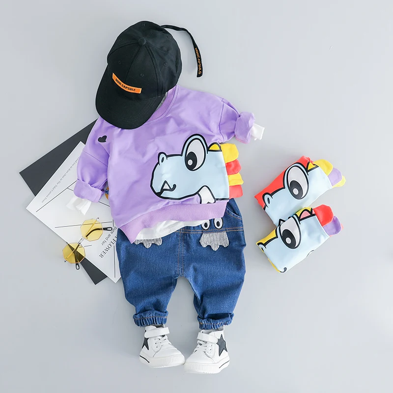 HYLKIDHUOSE الرضع الملابس الدعاوى 2019 الربيع الطفل الفتيات الفتيان مجموعة ملابس القطن T قميص الجينز 2 قطعة الكرتون الاطفال زي