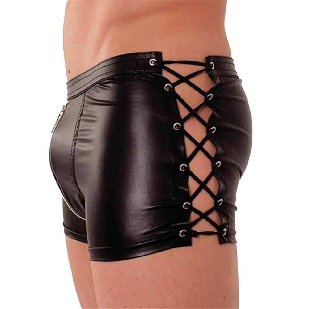 3 sexy-men-leather-lace up-wetlook-lingerie-pvc shorts-clubwear-underwear