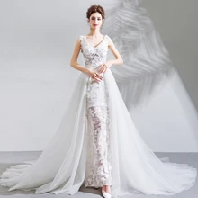 Backlakegirls Branco Com Decote Em V Trem Tribunal Lace Vestido de Noite Elegante Apliques Flores Vestidos de Noite 2018 Hot Sale Vestido De Festa